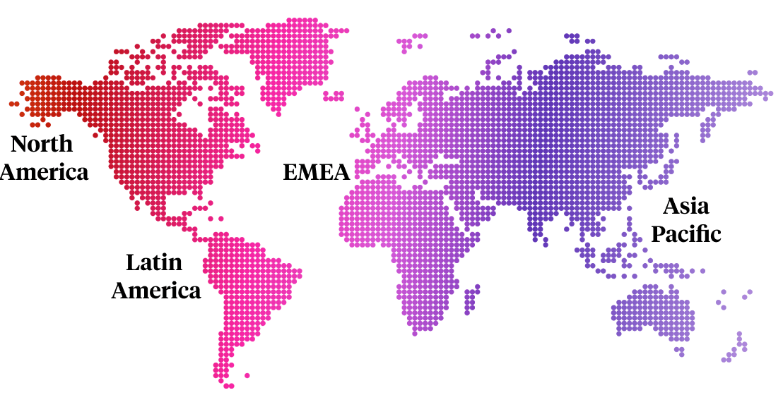 World map made of red, pink and purple dots showing Cielo’s global talent acquisition presence with North America, Latin America, EMEA, and Asia Pacific labels