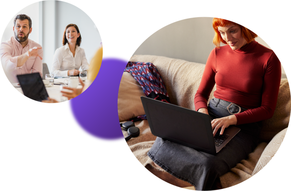 Photos of people working: at a conference table and on their couch