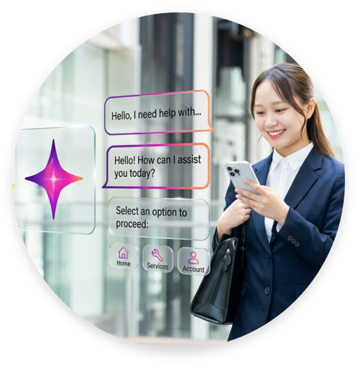 Woman on phone with chat screen enlarged