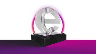 The CandE award in front of a purple/pink gradient