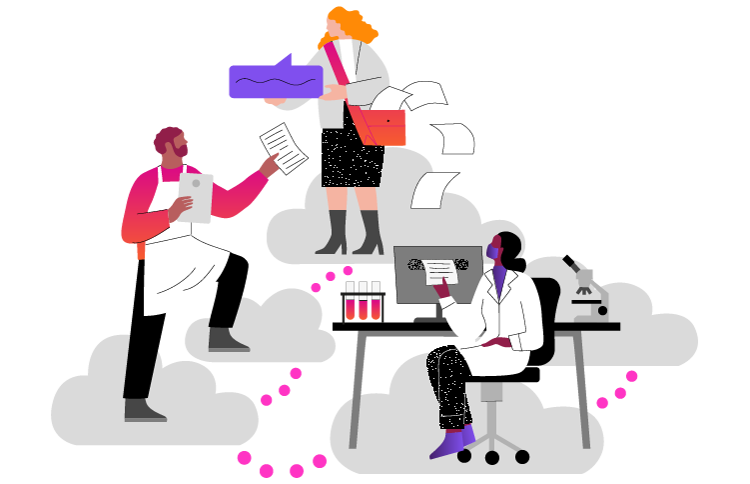 Illustration of 3 people exchanging information in cloud of data