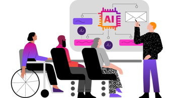 Illustration of 3 persons seated at table using with one person using AI to assist with presentation