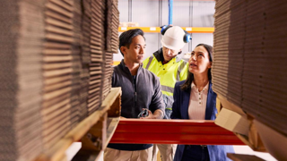 Looking at three people in warehouse through stacks of cardboard boxes