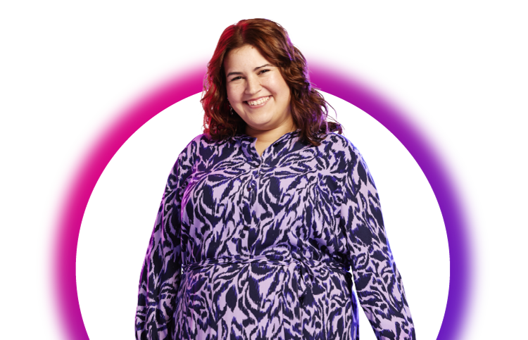 Person smiling in front of circle with pink and purple gradient