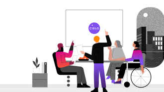 Illustration of four people in a meeting room looking at whiteboard