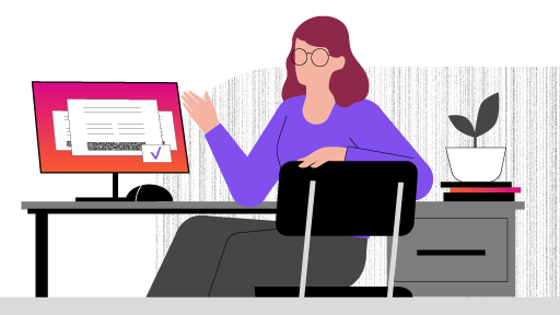 Illustration of woman sitting at desk looking at insights dashboard