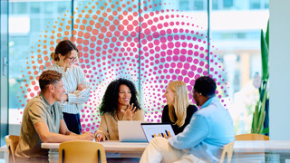 Five highly engaged individuals meeting in a modern office with Cielo sunburst effect behind them