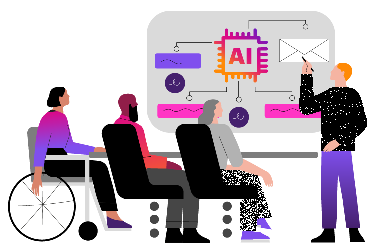 Illustration of 3 persons seated at table using with one person using AI to assist with presentation