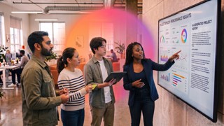 Four individuals reviewing an AI-generated project performance report on a wall-mounted screen in a modern office