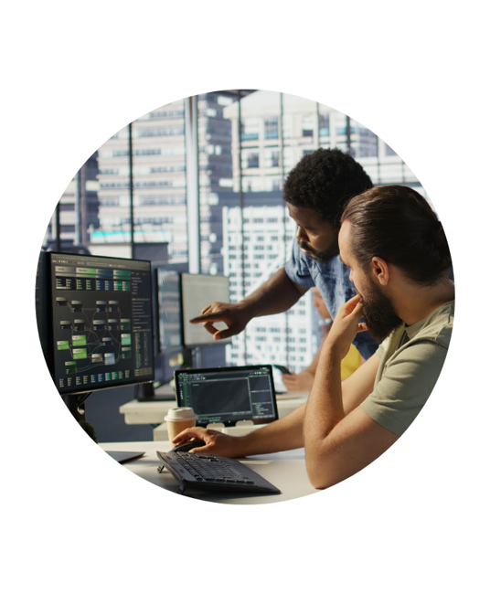 Two people looking at computer screens