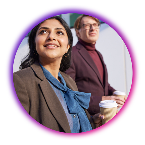 Two people looking up in a gradient circle