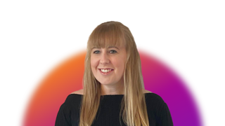 Laura Todd in front of Cielo orange sunburst image