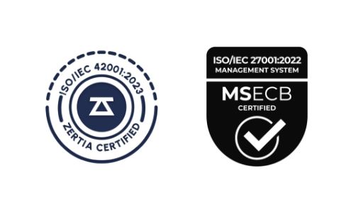 ISO/IEC 42001:2023 and ISO/IEC 27001:2022 badges