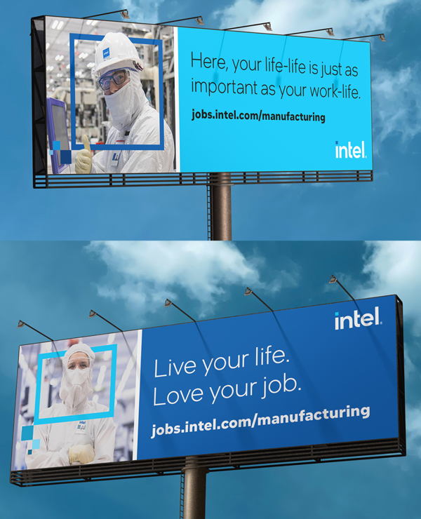 Two billboards featuring images of manufacturing employees